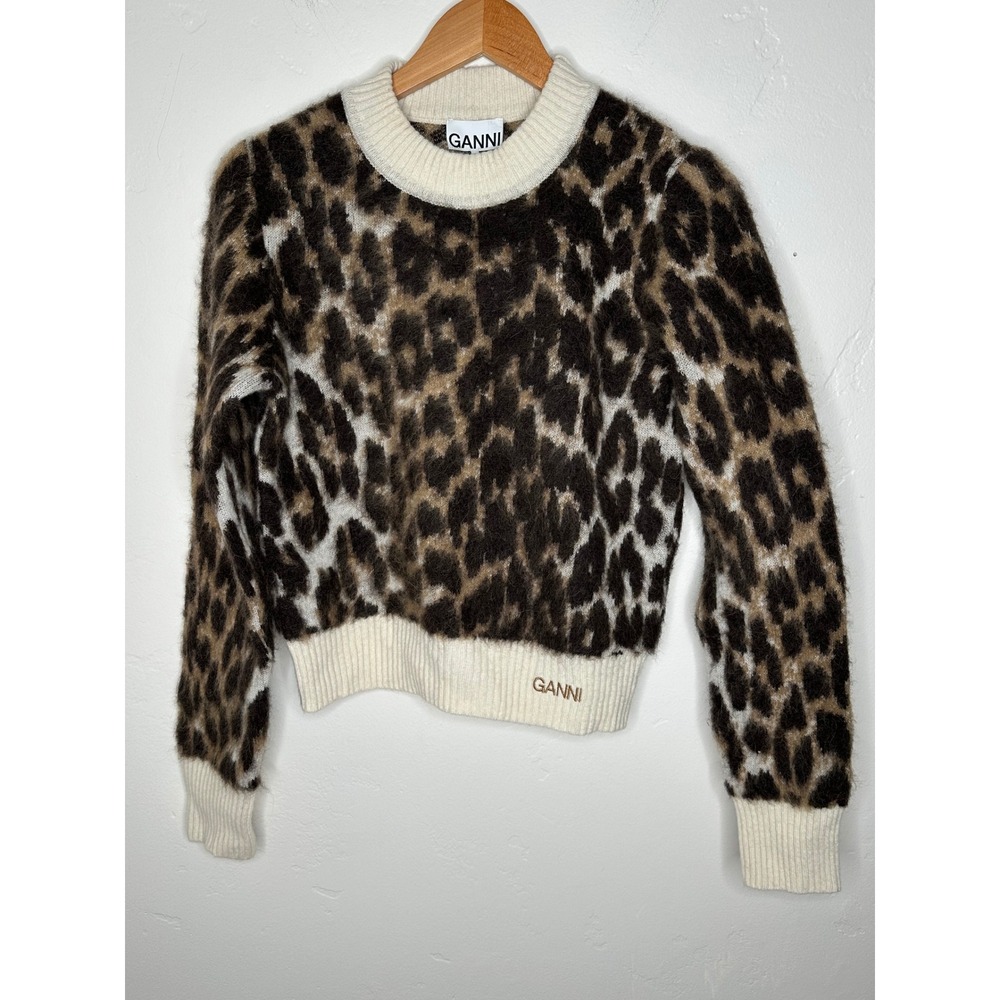 NEW Ganni Leopard Jacquard Alpaca Wool Blend Sweater Size Small Animal Print - Picture 5 of 11